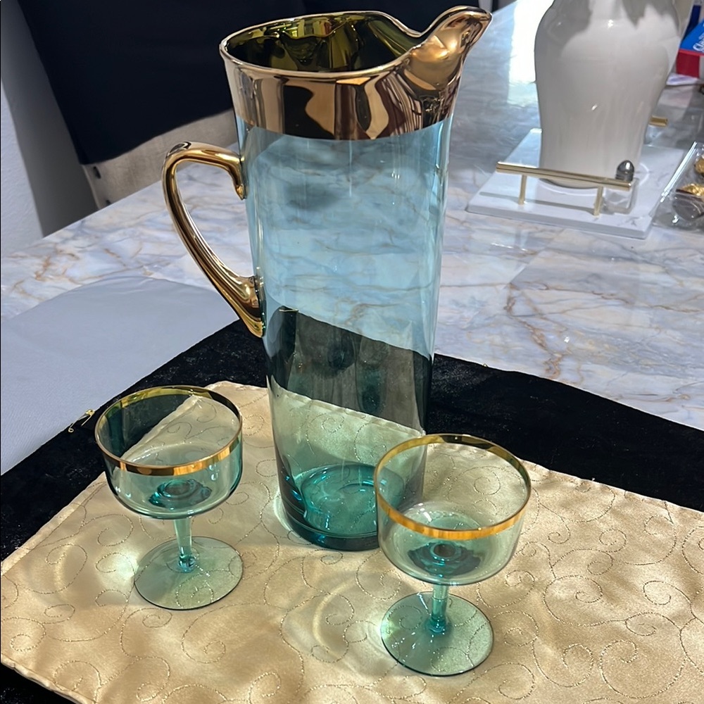 HUNGARIAN  Gold & Aqua COCKTAIL PITCHER set OF 3 pieces - Picture 2 of 9